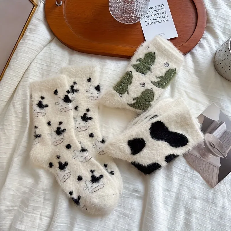 1/3 Pairs Of Cute Cow Green Tree Pattern Winter Socks, Comfortable, Warm, Thick And Fluffy Socks