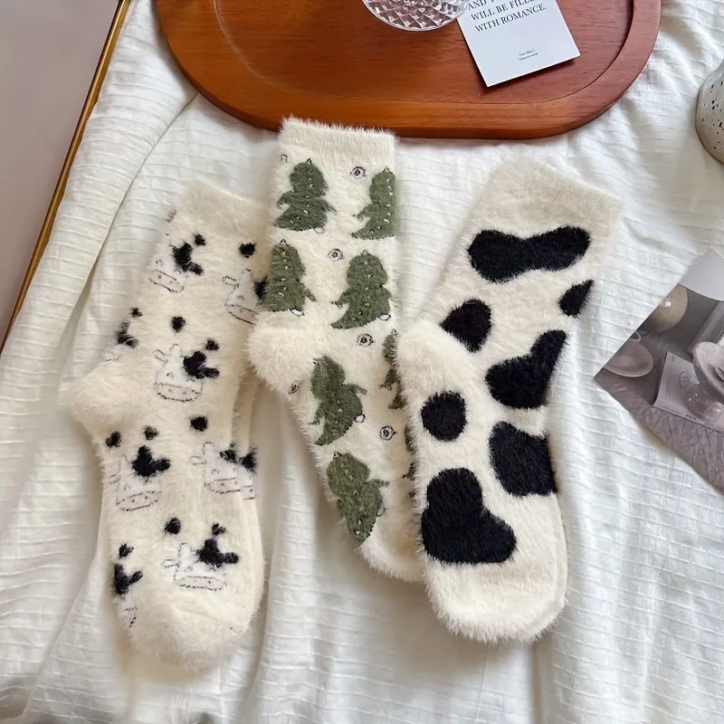 1/3 Pairs Of Cute Cow Green Tree Pattern Winter Socks, Comfortable, Warm, Thick And Fluffy Socks