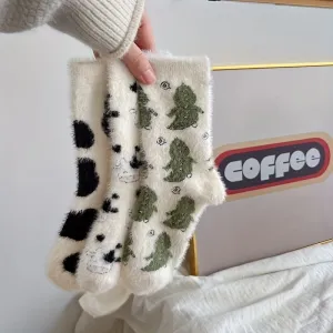 1/3 Pairs Of Cute Cow Green Tree Pattern Winter Socks, Comfortable, Warm, Thick And Fluffy Socks