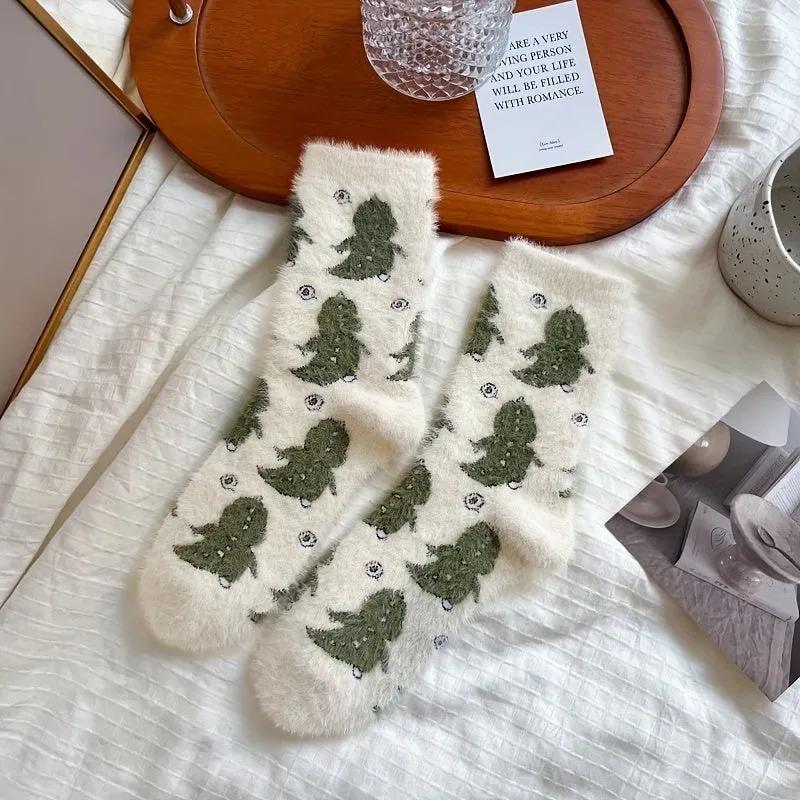 1/3 Pairs Of Cute Cow Green Tree Pattern Winter Socks, Comfortable, Warm, Thick And Fluffy Socks