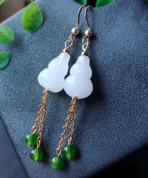 14K Gold Jade Gourd Gem Stone Tassel Drop Earrings