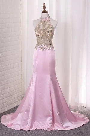 2024 Halter Beaded Bodice Satin Prom Dresses PLBRZXTT