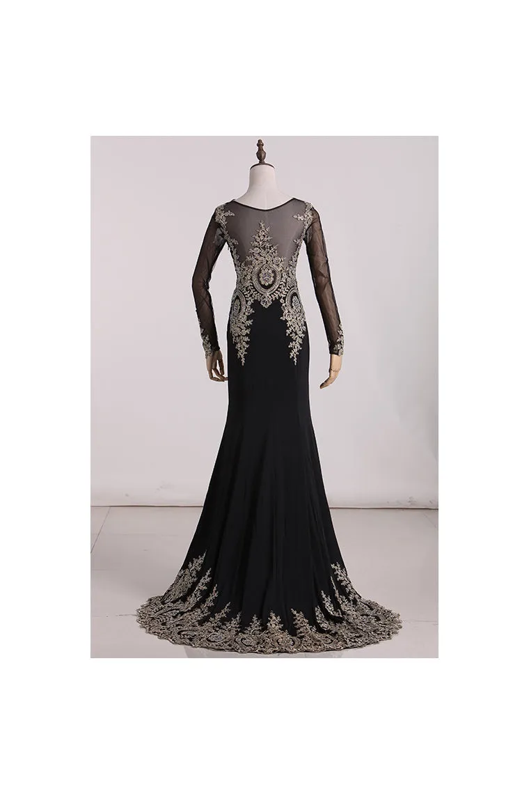 2024 Mermaid Prom Dresses/Evening Dresses Beaded Court Train  Long Sleeves Scoop