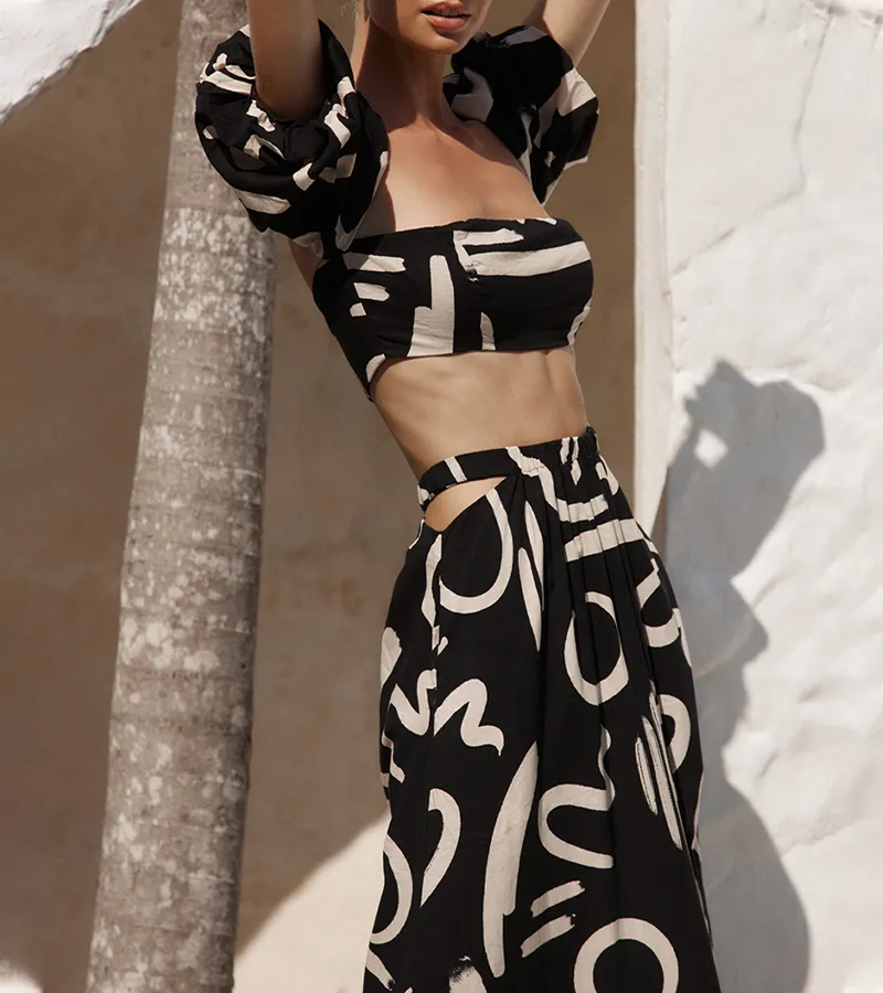 Abstract Art Printed Puff Sleeves Crop Top Cutout Maxi Dress Set