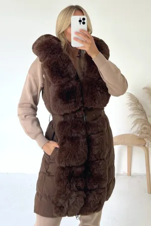 Anna chocolate brown Long puffer gilet with faux fur