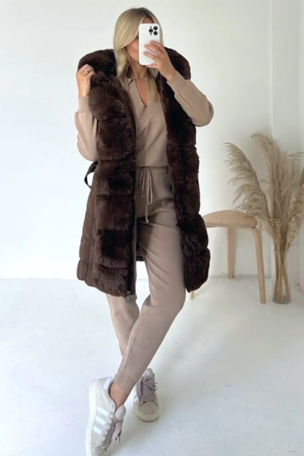 Anna chocolate brown Long puffer gilet with faux fur