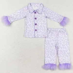 Baby Girls Pajamas Lavender Leopard Buttons Top Pants Fur Pajamas Sets Preorder GLP1259