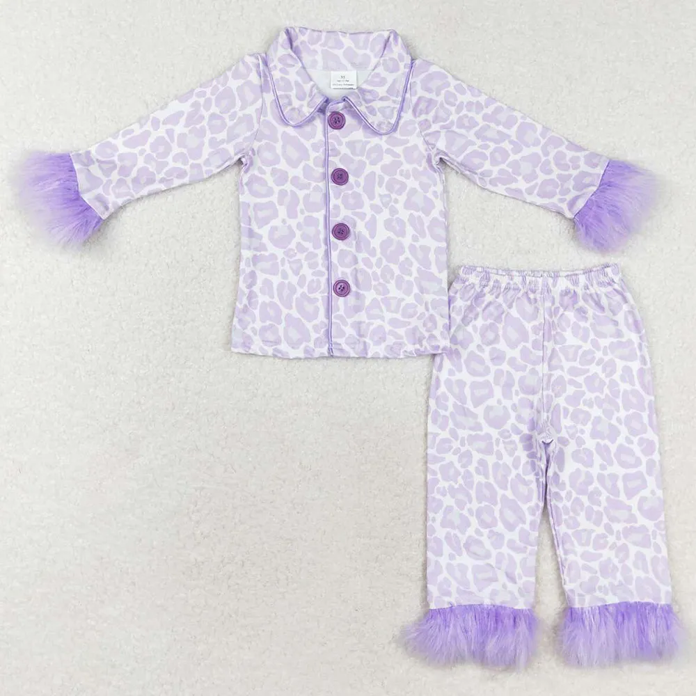 Baby Girls Pajamas Lavender Leopard Buttons Top Pants Fur Pajamas Sets Preorder GLP1259