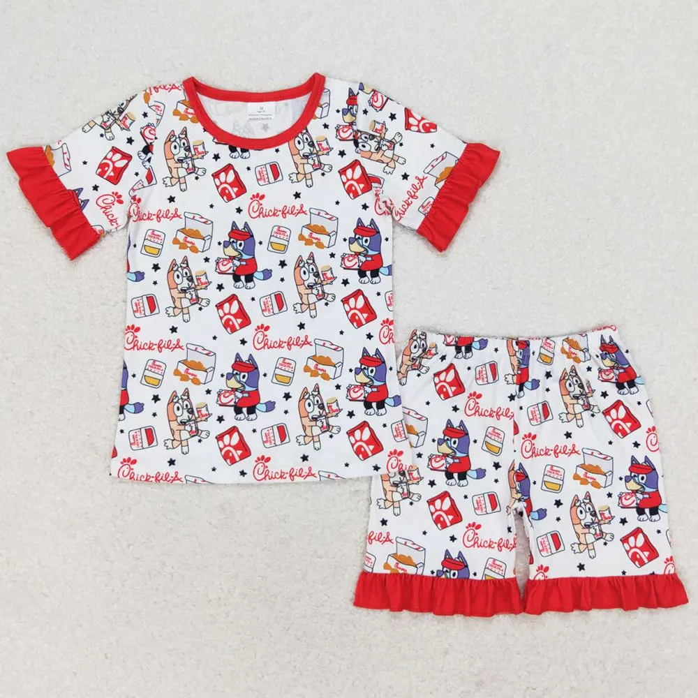 Baby Girls Pajamas Red Dogs Fries Chips Short Sleeve Shirt Ruffle Shorts Pajamas Set GSSO1292