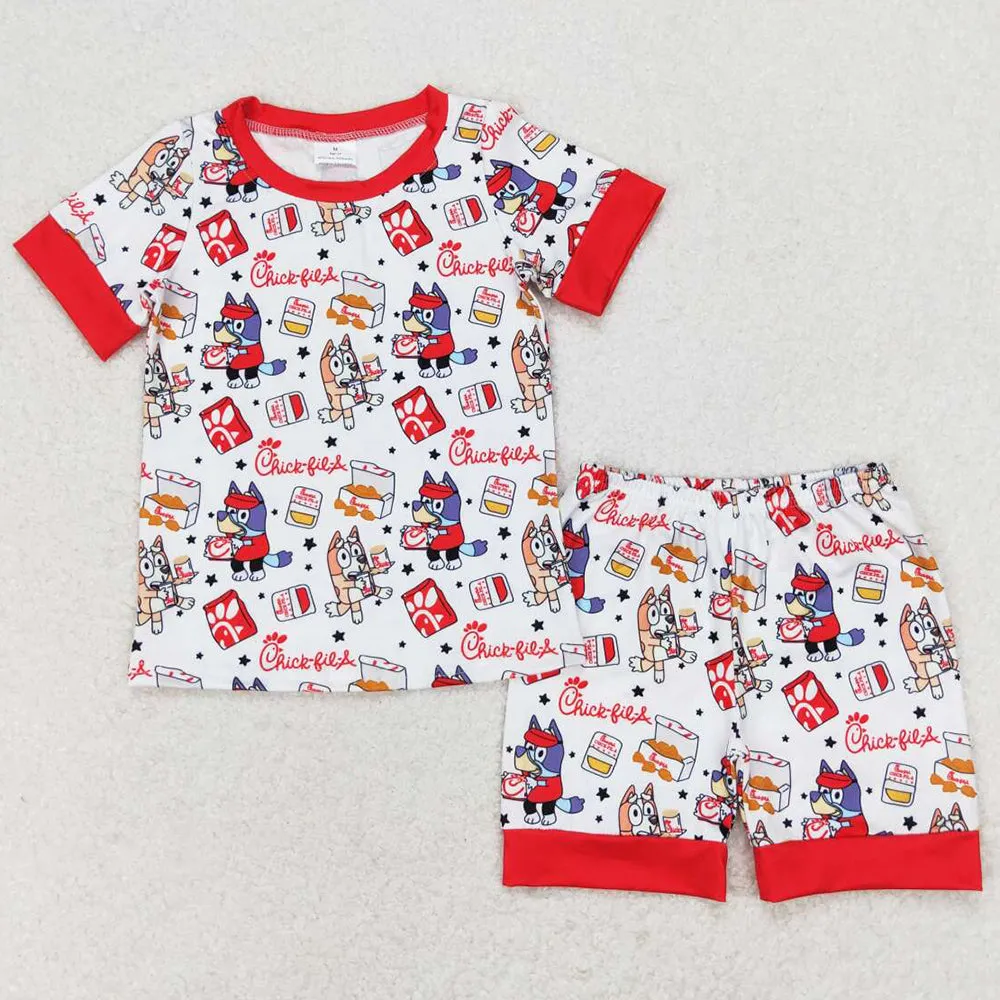 Baby Girls Pajamas Red Dogs Fries Chips Short Sleeve Shirt Ruffle Shorts Pajamas Set GSSO1292