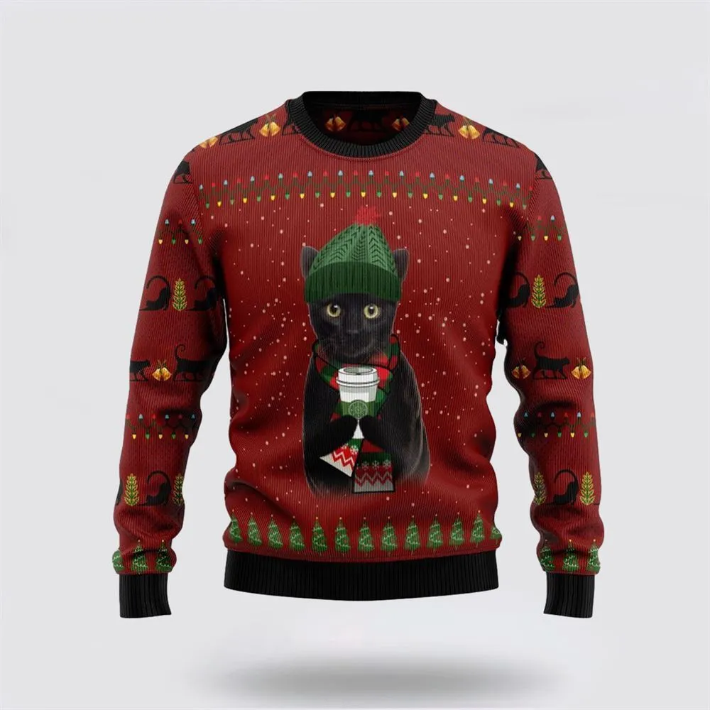 Black Cat Coffee Ugly Christmas Sweater For Men And Women, Best Gift For Christmas, Christmas Fashion Winter