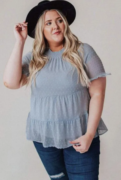 Blue Plus Size Mock Neck Ruffled Top