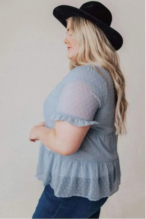 Blue Plus Size Mock Neck Ruffled Top