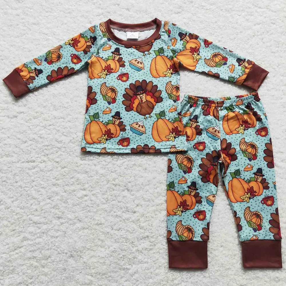 Boutique Kids Pajamas Boys Pumpkin Turkey Thanksgiving Sleepwear Sets BLP0287