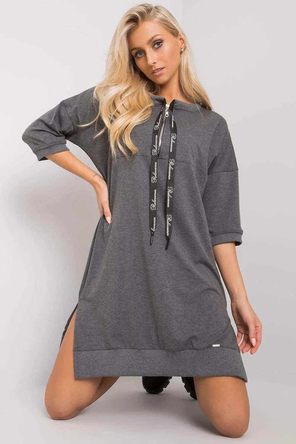 Elegant Black Cotton Zip Dress with Modern Slit Details