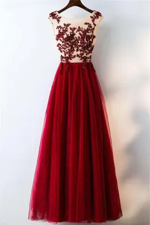 Elegant Burgundy A-Line Lace Tulle Prom Dresses Beautiful Party Dresses