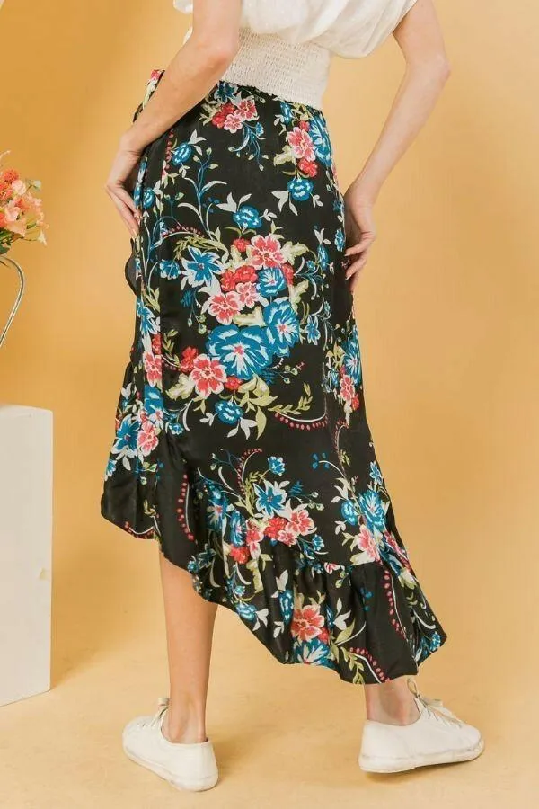 Floral Ruffle Skirt With Trim High Low.