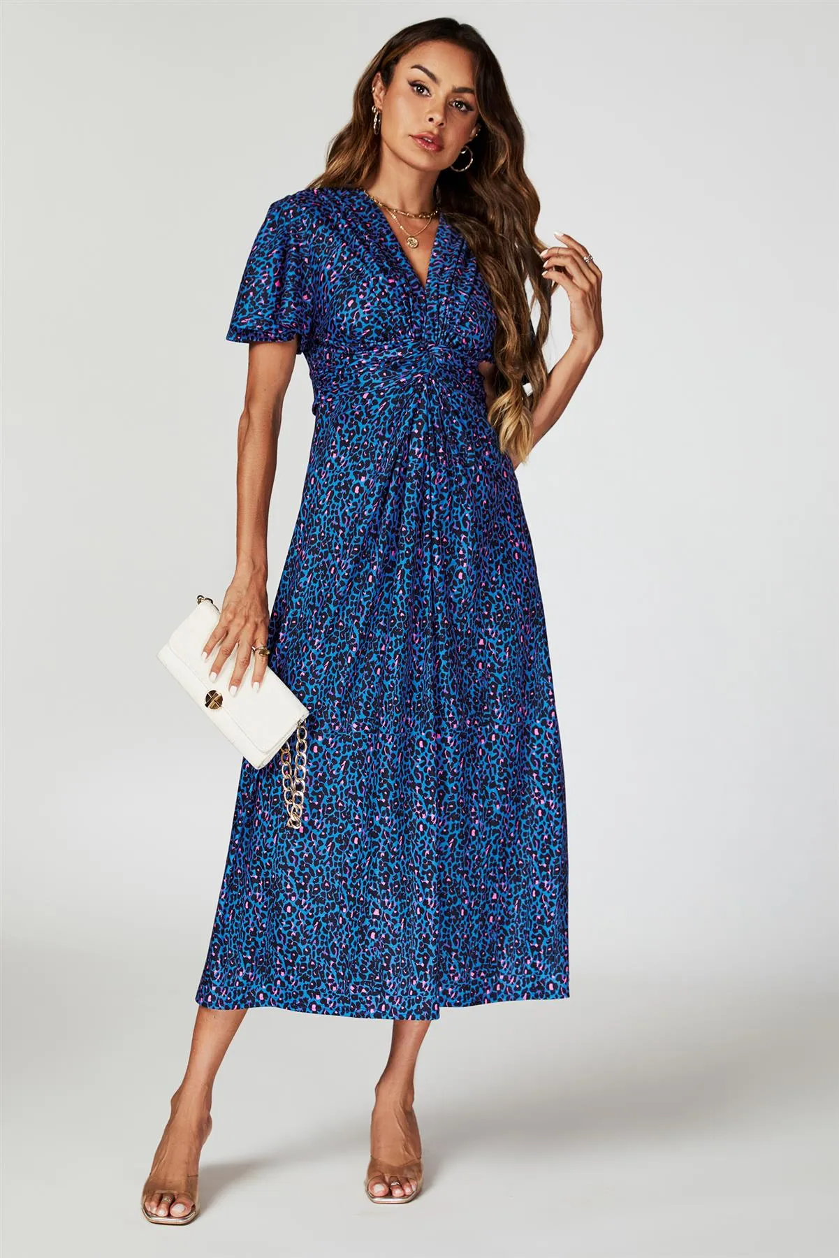 FS Collection Animal Print Angel Sleeve Twist Maxi Dress In Blue