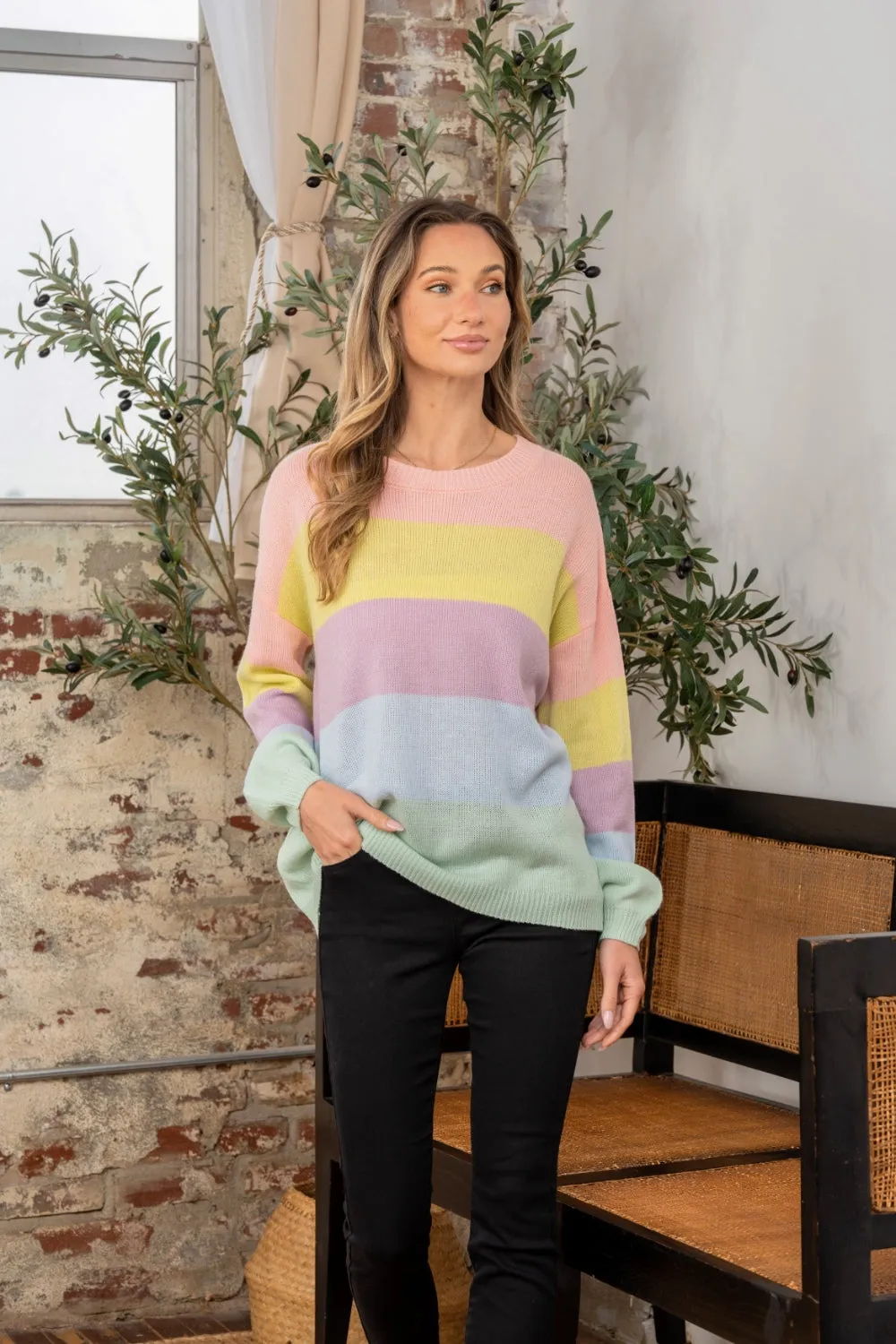 Full Size Color Block Round Neck Dropped Shoulder Sweater