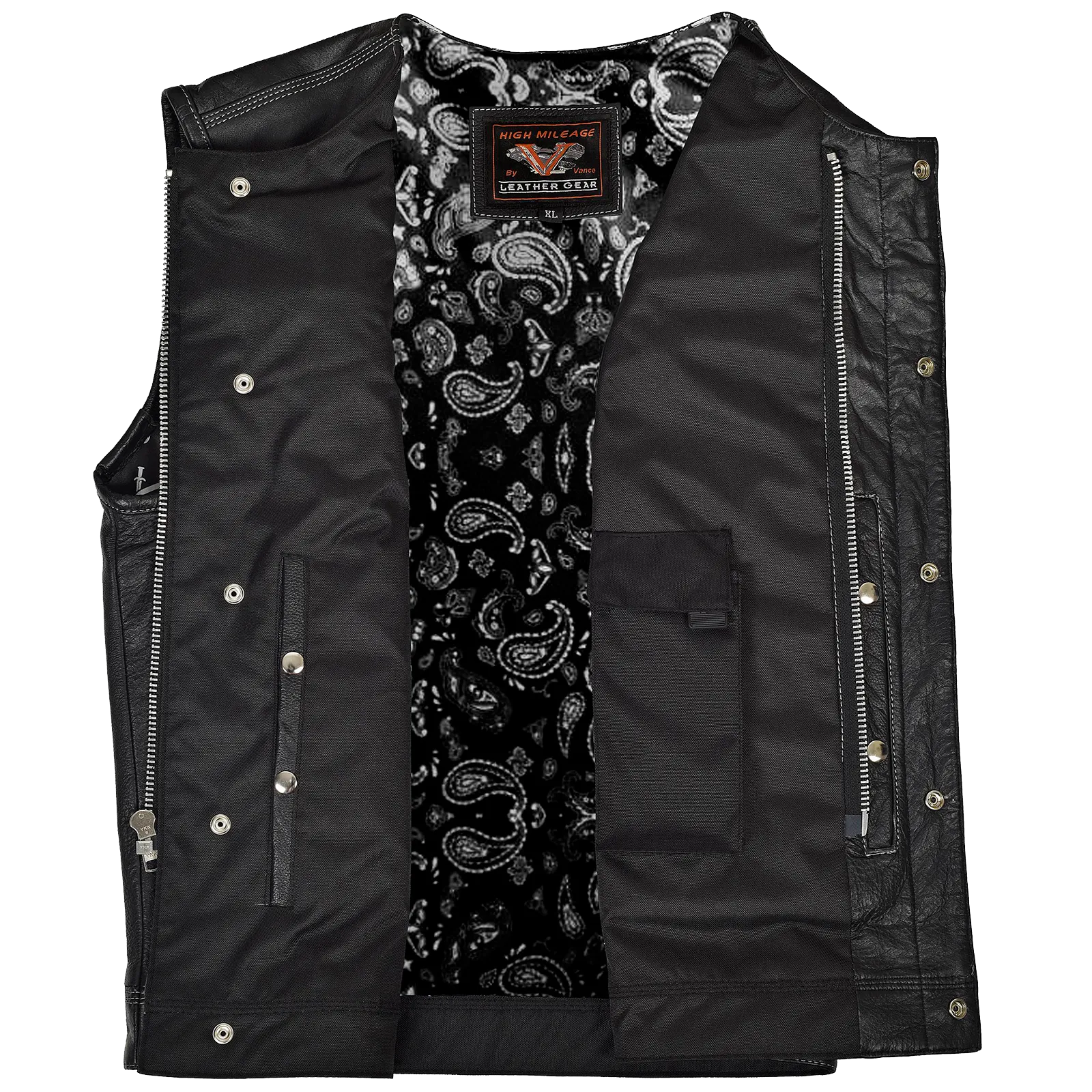 HMM919BP High Mileage Men's Zipper and Snap Closure Leather Club Vest Quick Access Gun Pocket w/Paisley Liner