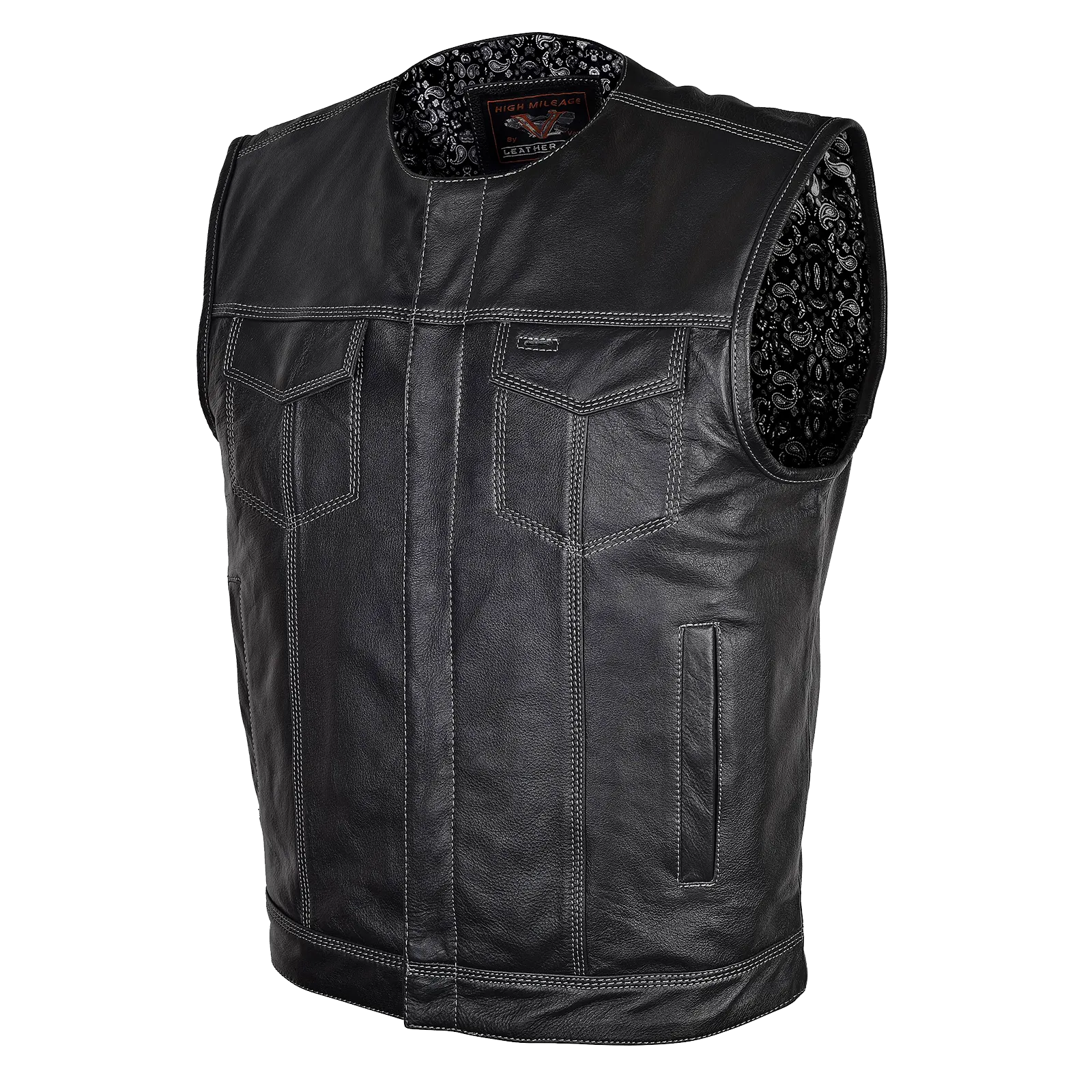 HMM919BP High Mileage Men's Zipper and Snap Closure Leather Club Vest Quick Access Gun Pocket w/Paisley Liner