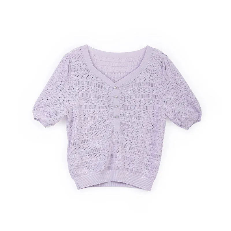 Lavender Knitted Hollow T-shirt