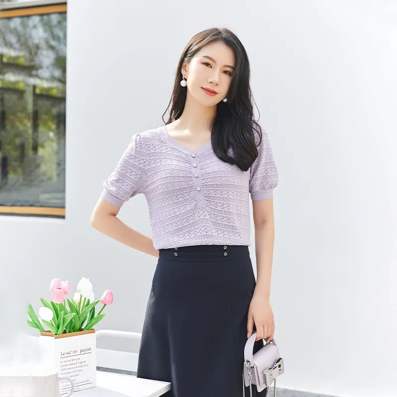 Lavender Knitted Hollow T-shirt