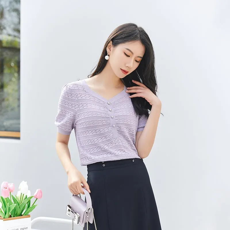 Lavender Knitted Hollow T-shirt