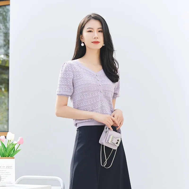 Lavender Knitted Hollow T-shirt