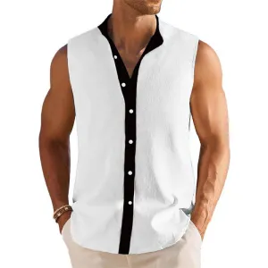 Men's Breathable Linen Lapel Beach Sleeveless Shirt 01104059YM