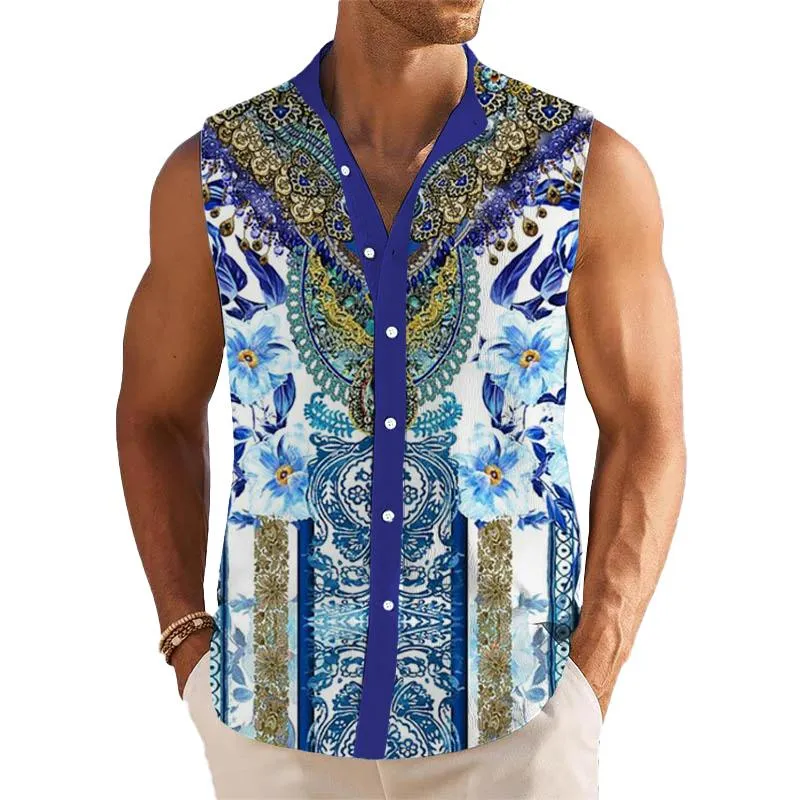 Men's Breathable Linen Lapel Beach Sleeveless Shirt 55103069YM