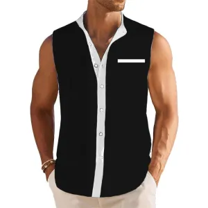 Men's Breathable Linen Lapel Beach Sleeveless Shirt 78304987YM