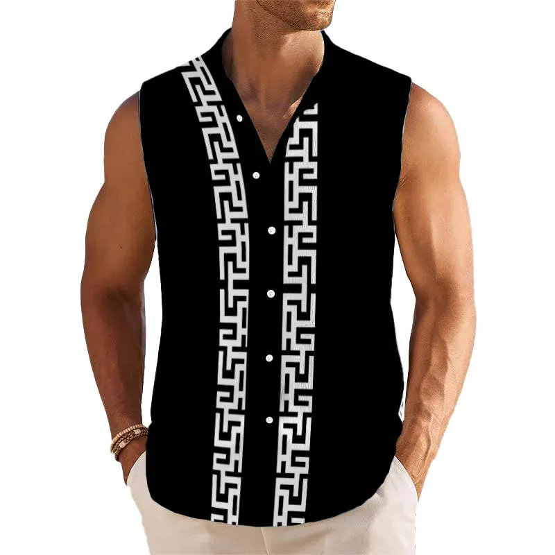 Men's Breathable Linen Lapel Printed Sleeveless Shirt 29969922YM