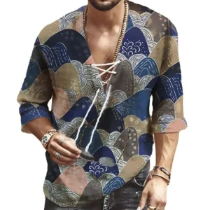 Men's Chest Tie V-Neck Long Sleeve Printed Shirt 84071212YM