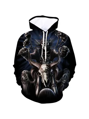 Men's Horror Skull Bull Rider Graphic Print Hoodies