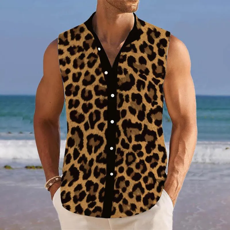 Men's Leopard Print Breathable Linen Lapel Sleeveless Shirt 90613567YM