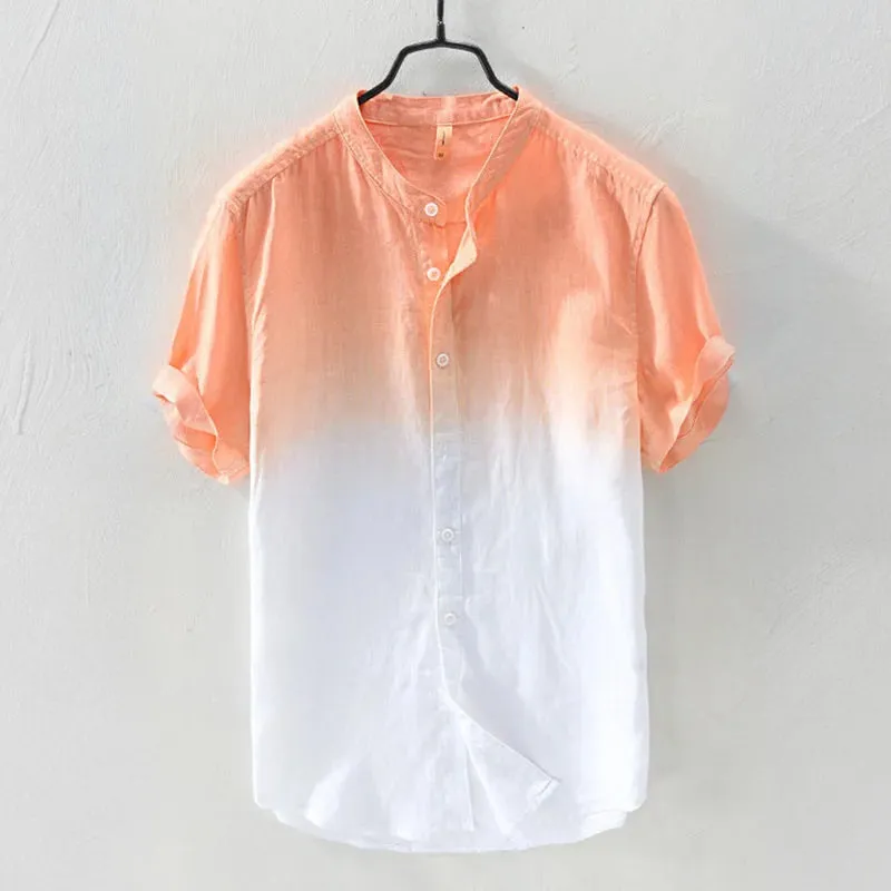 Men's Solid Color Thin Breathable Gradient Collar Cotton Linen Top