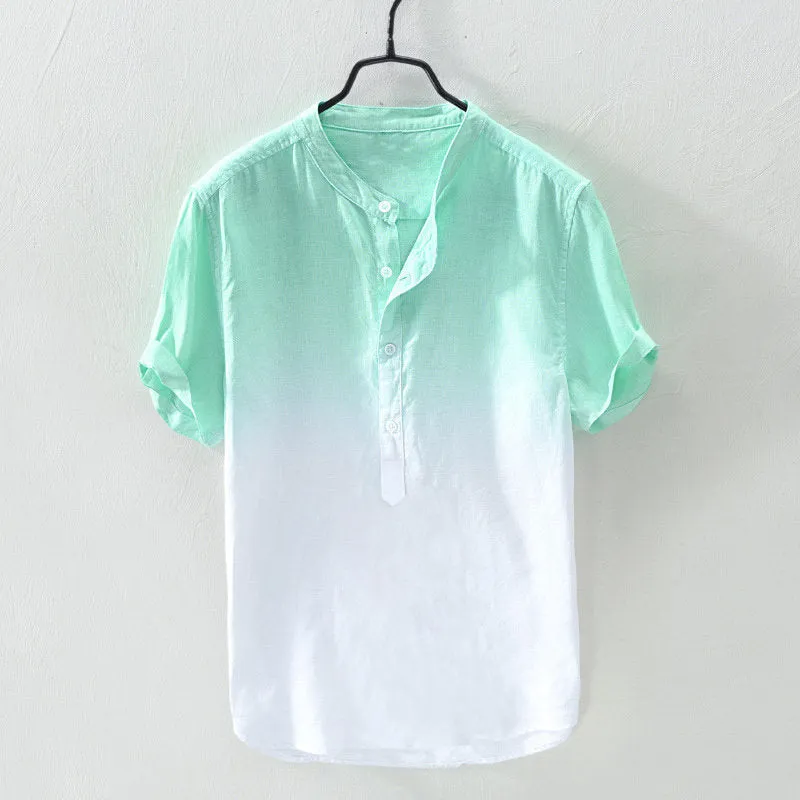 Men's Solid Color Thin Breathable Gradient Collar Cotton Linen Top