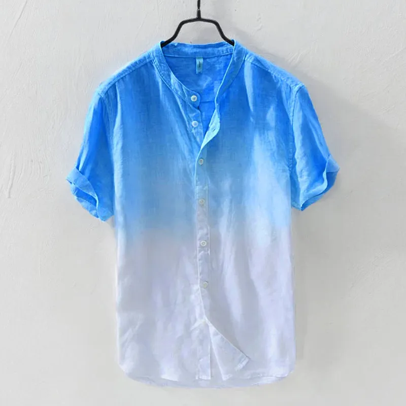 Men's Solid Color Thin Breathable Gradient Collar Cotton Linen Top