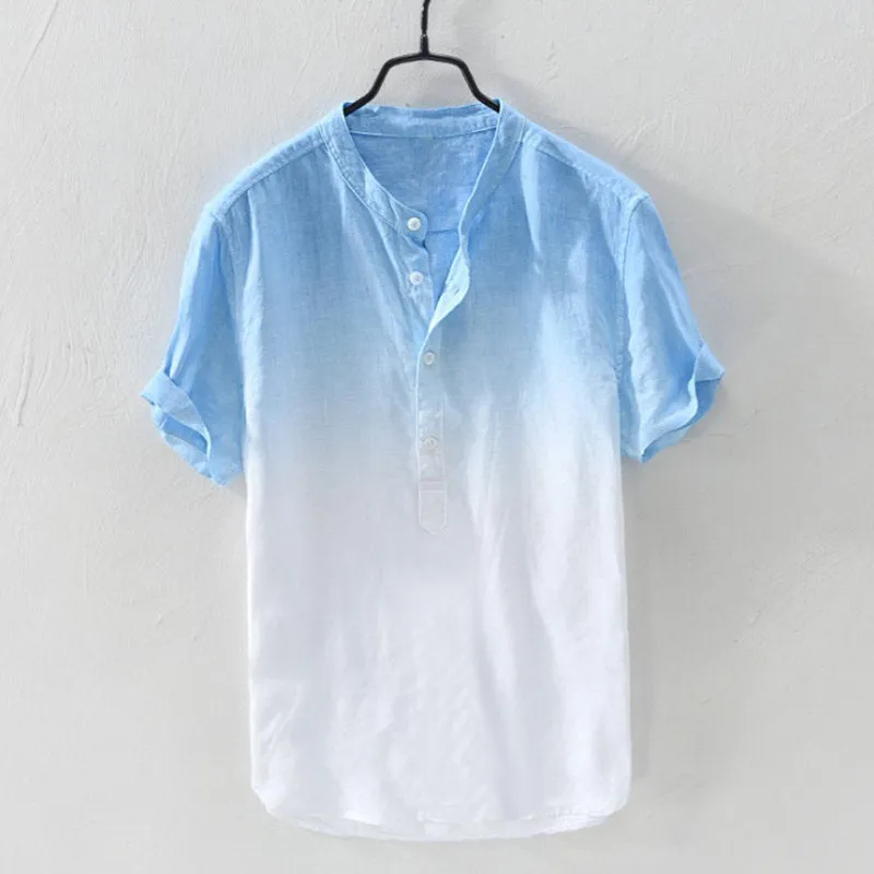 Men's Solid Color Thin Breathable Gradient Collar Cotton Linen Top