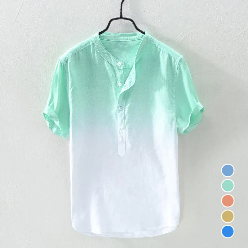 Men's Solid Color Thin Breathable Gradient Collar Cotton Linen Top