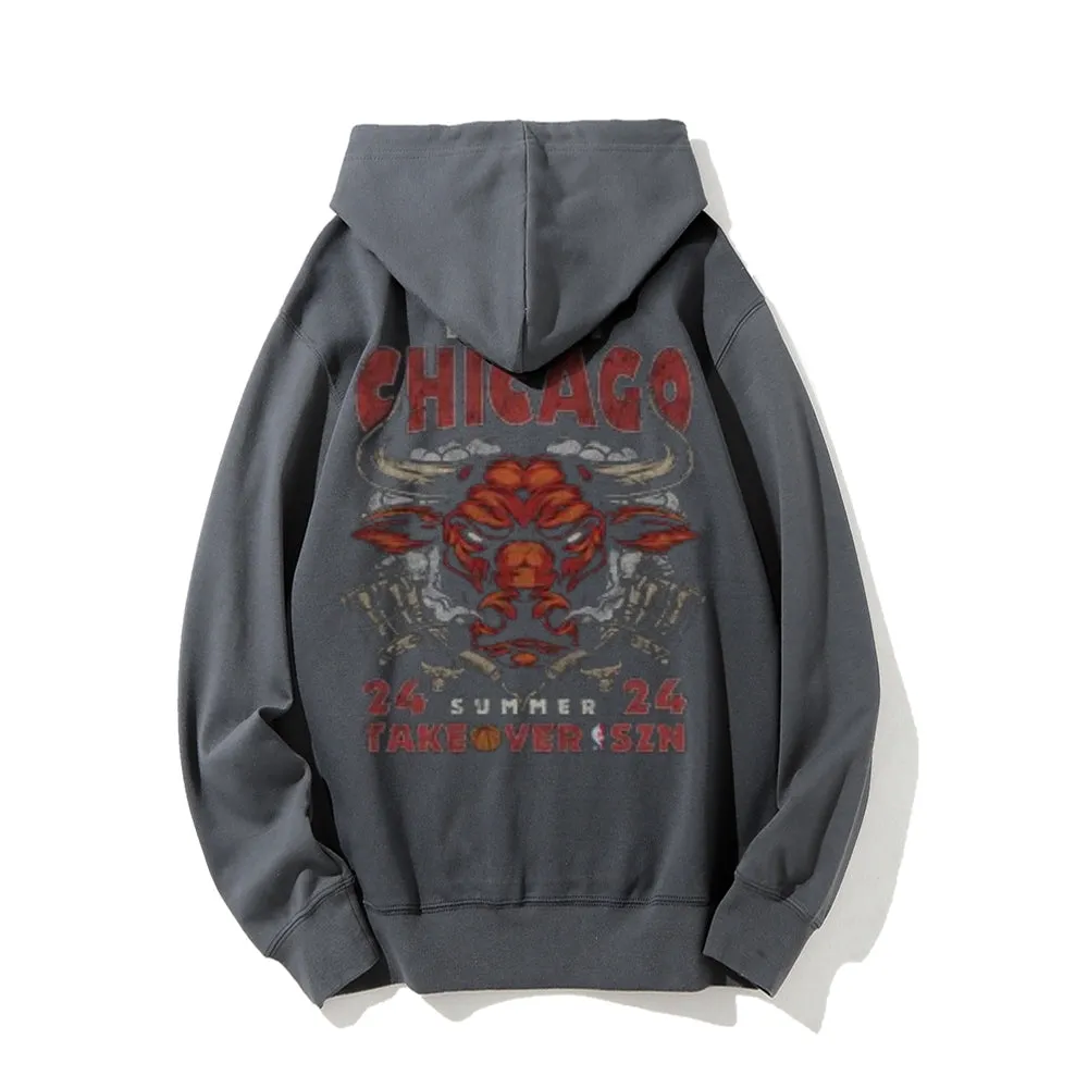 Mens Vintage Chicago Darkness Style Print Graphic Pullover With Kangaroo Pocket Hoodies