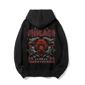 Mens Vintage Chicago Darkness Style Print Graphic Pullover With Kangaroo Pocket Hoodies