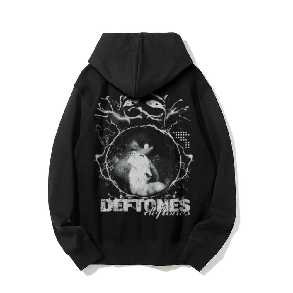 Mens Vintage Deftones Darkness Style Print Graphic Pullover With Kangaroo Pocket Hoodies