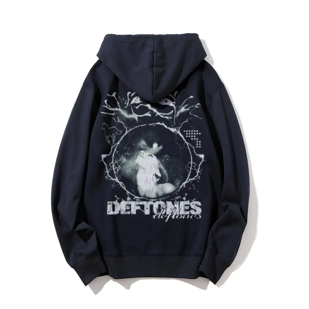 Mens Vintage Deftones Darkness Style Print Graphic Pullover With Kangaroo Pocket Hoodies