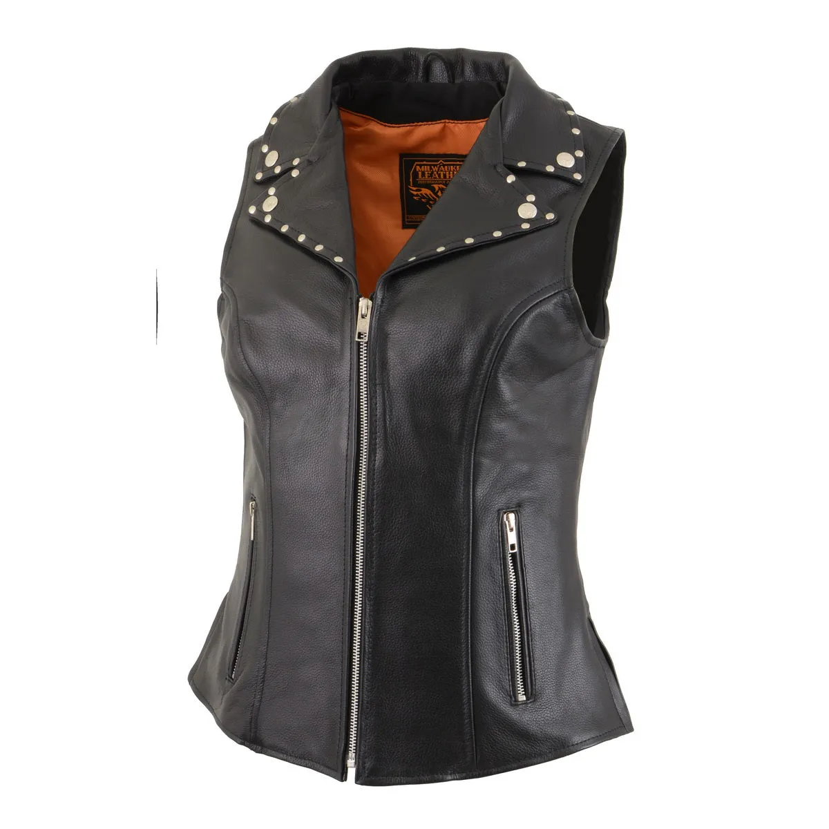 Milwaukee Leather MLL4503 Women's Black Leather Classic V-Neck Motorcycle Rider Vest W/Riveted Lapel Collar Detail