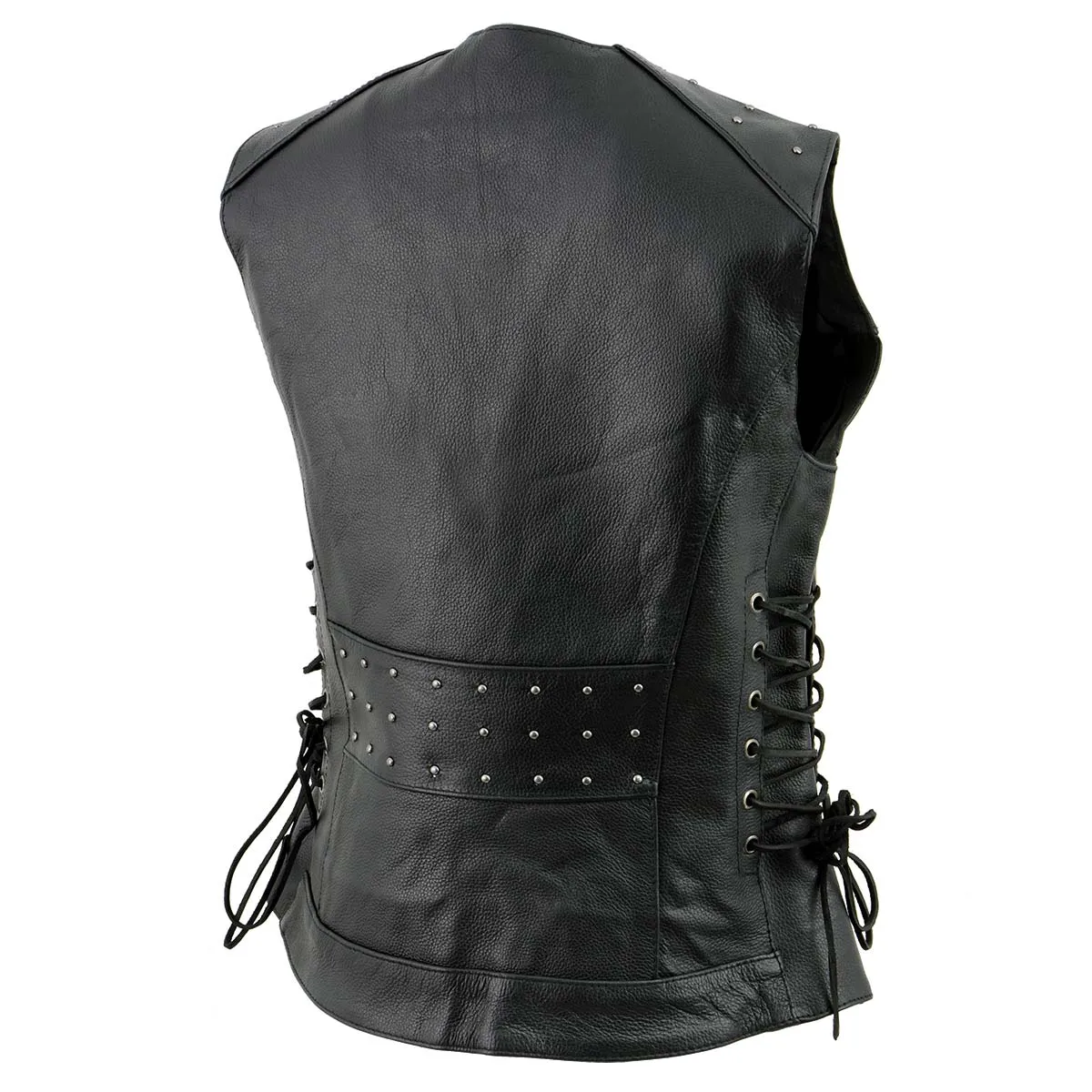 Milwaukee Leather MLL4504 Women's Classic Black Leather V-Neck Riveted Motorcycle Rider Vest with Side Lace