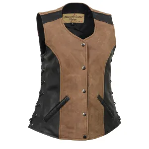 Milwaukee Leather MLL4508 Women's 'Trickster' Vintage Two Tone Crazy Horse Brown and Black Leather Club Style Motorcycle Vest