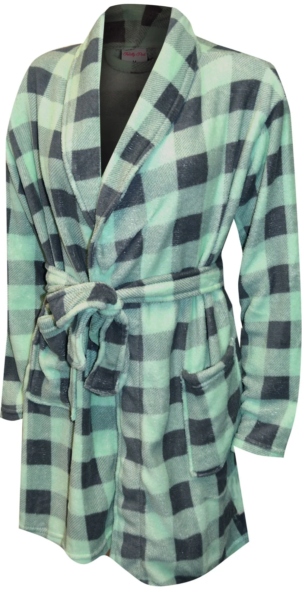 Mint Green and Gray Buffalo Plaid Print Plush Robe