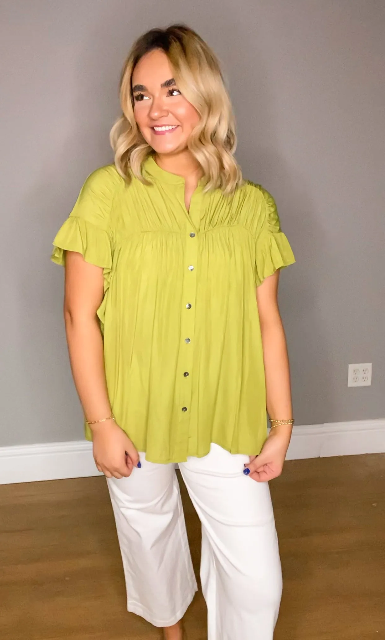 Nancee Button Up Top | Chartreuse | Plus